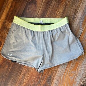 Under Armour Women's Gray Athletic Shorts with Yellow Waistband
